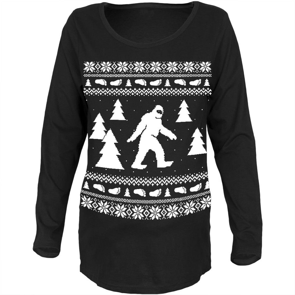 Sasquatch Ugly Christmas Sweater Black Maternity Soft Long Sleeve T-Shirt Maternity Long Sleeve T-Shirts Old Glory   