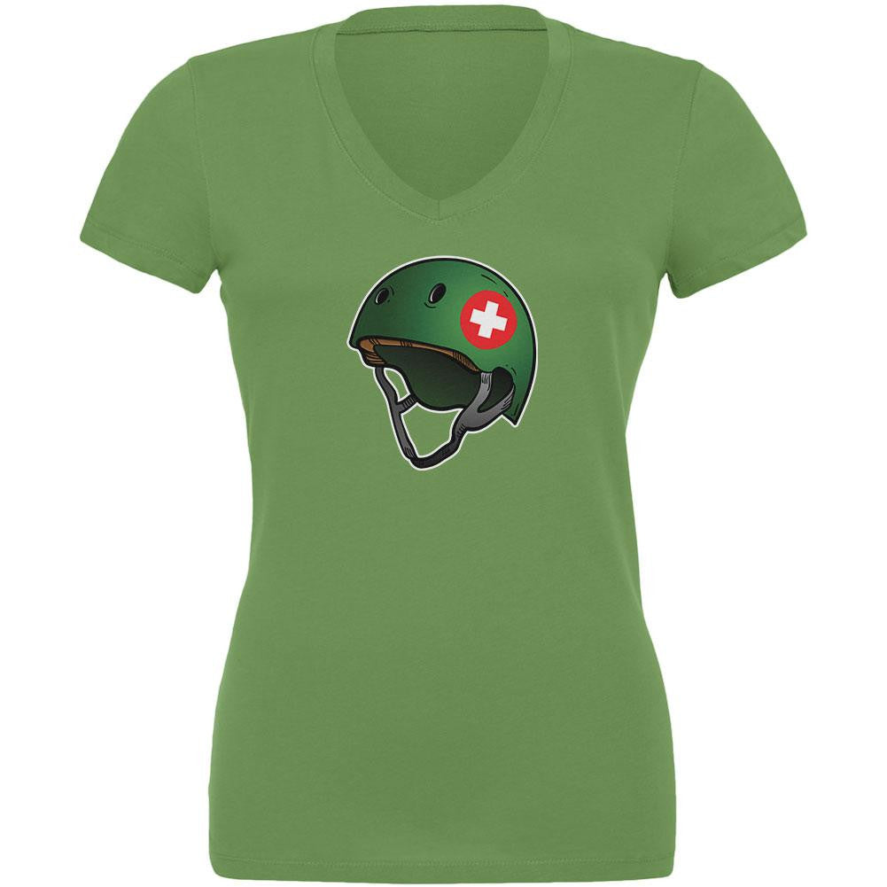 Army Medic Roller Derby Helmet Leaf Juniors V-Neck T-Shirt Juniors V-Neck T-Shirts Old Glory 2XL Green 