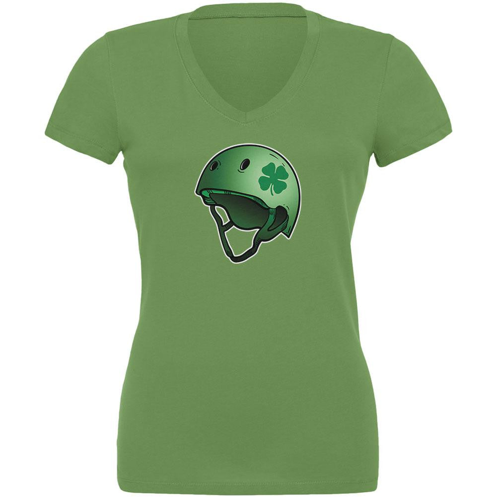 Irish Clover Roller Derby Helmet Leaf Juniors V-Neck T-Shirt Juniors V-Neck T-Shirts Old Glory 2XL Green 