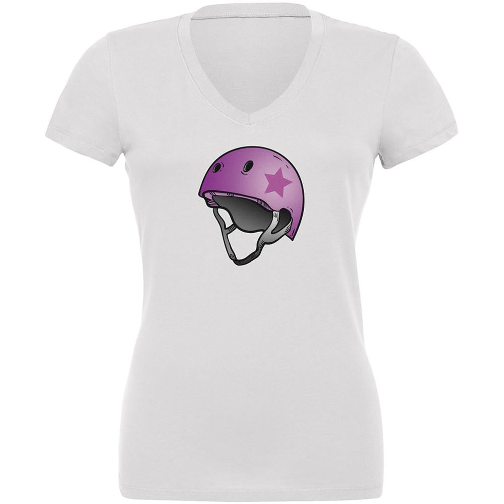 Pop Star Roller Derby Helmet White Juniors V-Neck T-Shirt Juniors V-Neck T-Shirts Old Glory 2XL White 