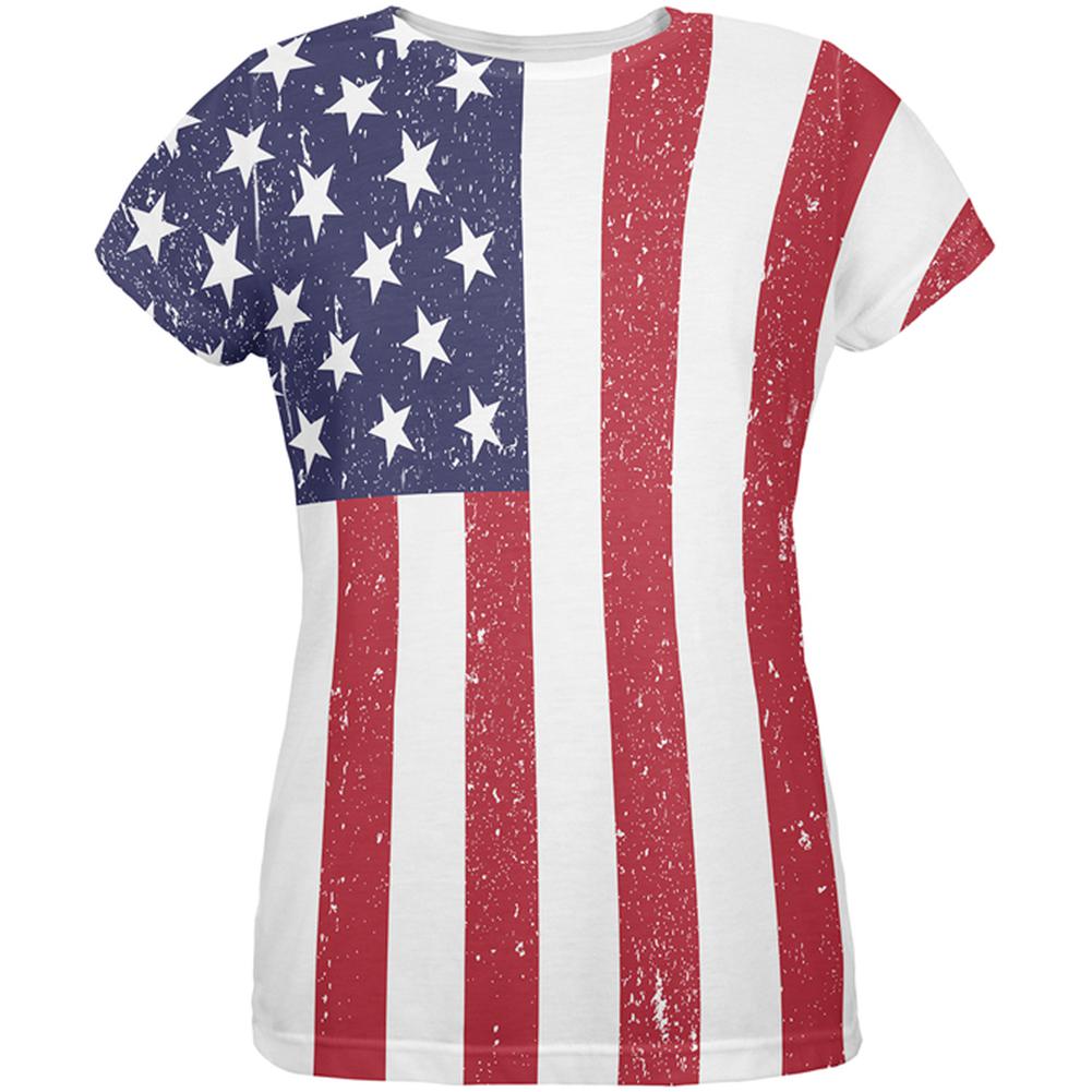 4th of July American Flag Distressed All Over Womens T-Shirt Women's T-Shirts Old Glory 2XL Multi 