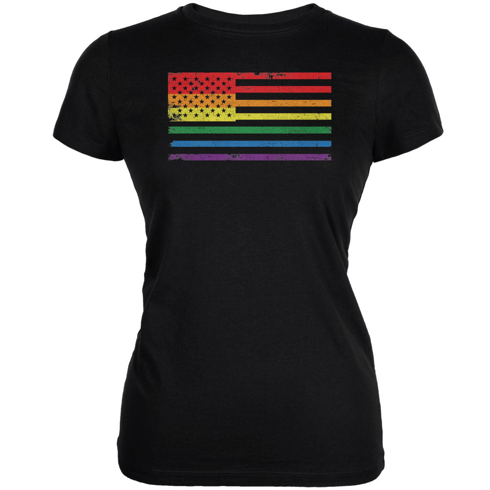 LGBT American Flag Distressed Black Juniors Soft T-Shirt Juniors T-Shirts LGBT 2XL Black 