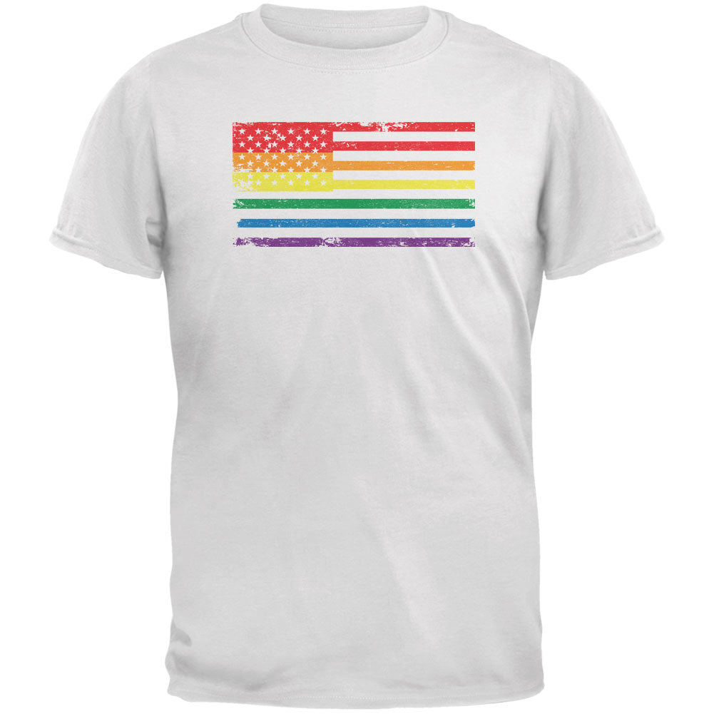 LGBT American Flag Distressed White Adult T-Shirt Men's T-Shirts LGBT 2XL White 