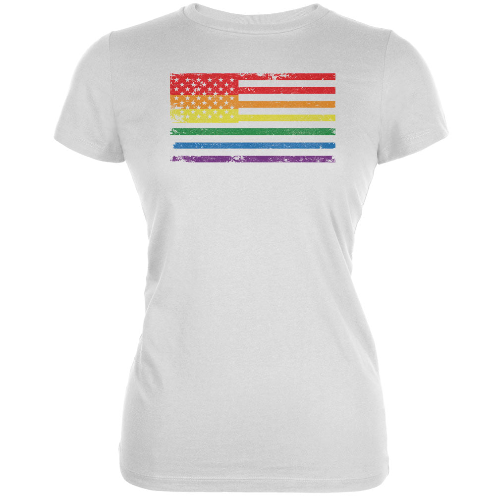 LGBT American Flag Distressed White Juniors Soft T-Shirt Juniors T-Shirts LGBT 2XL White 