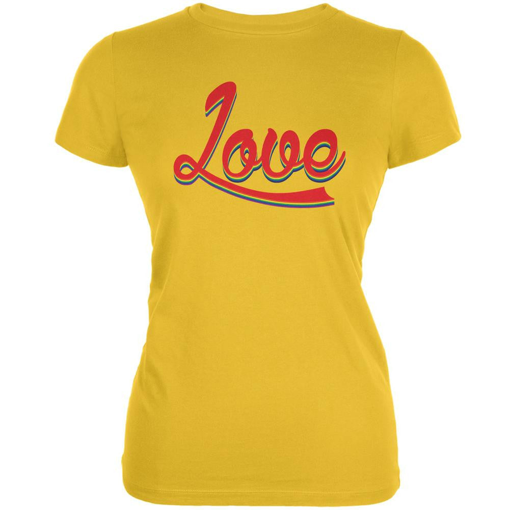 LGBT Script Love Rainbow Bright Yellow Juniors Soft T-Shirt Juniors T-Shirts Old Glory 2XL Yellow 