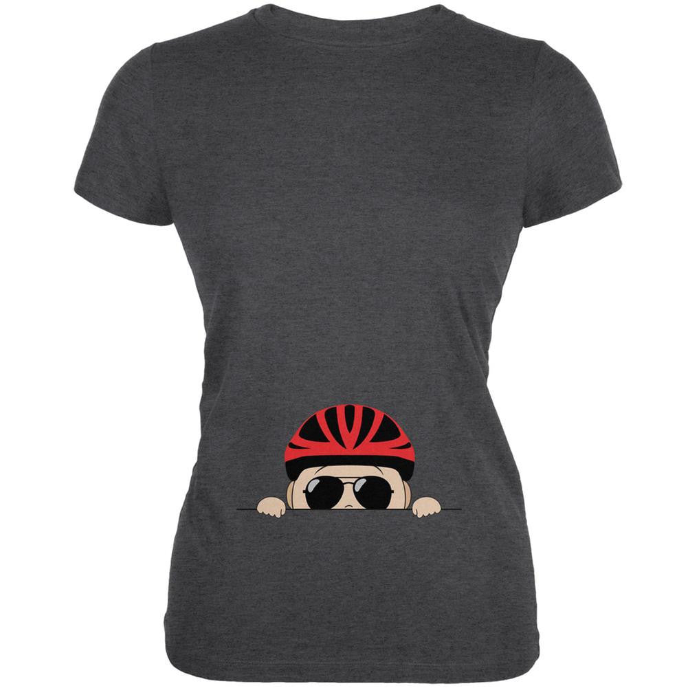 Peeking Baby Bike Helmet Sunglasses Dark Heather Juniors Soft T-Shirt Juniors T-Shirts Old Glory 2XL Grey 