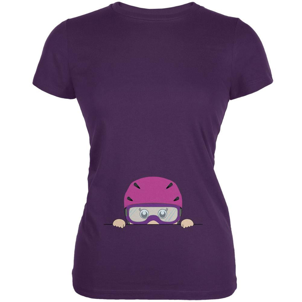 Winter Peeking Baby Snowboarder Purple Juniors Soft T-Shirt Juniors T-Shirts Old Glory 2XL Purple 