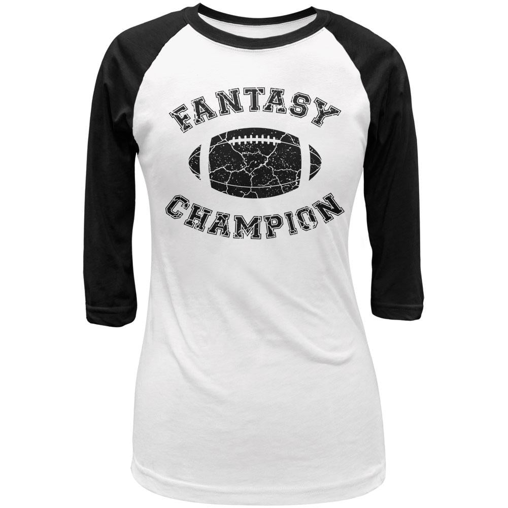 Fantasy Football Distressed Champion White/Black Juniors 3/4 Sleeve Raglan T-Shirt Juniors Raglans Old Glory LG Multi 