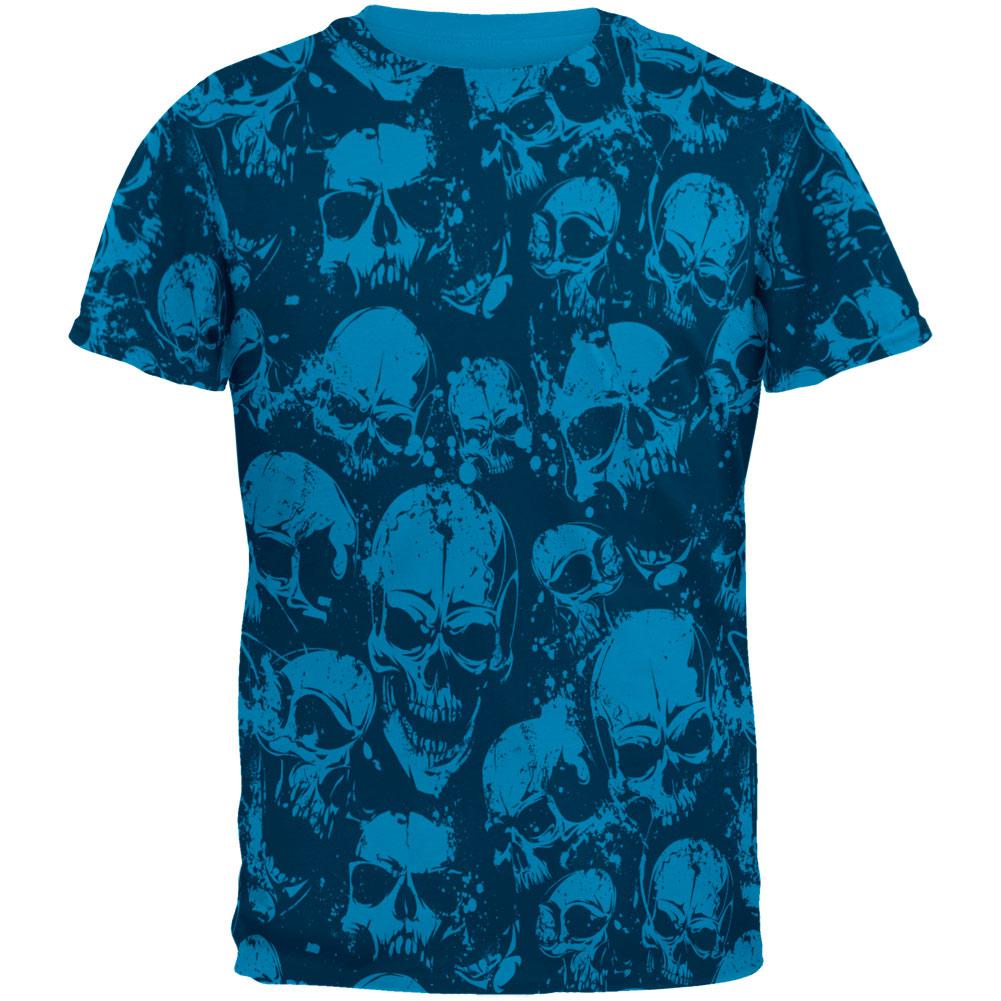 Blue Angry Skulls All Over Sapphire Blue Adult T-Shirt Men's T-Shirts Old Glory 2XL White 