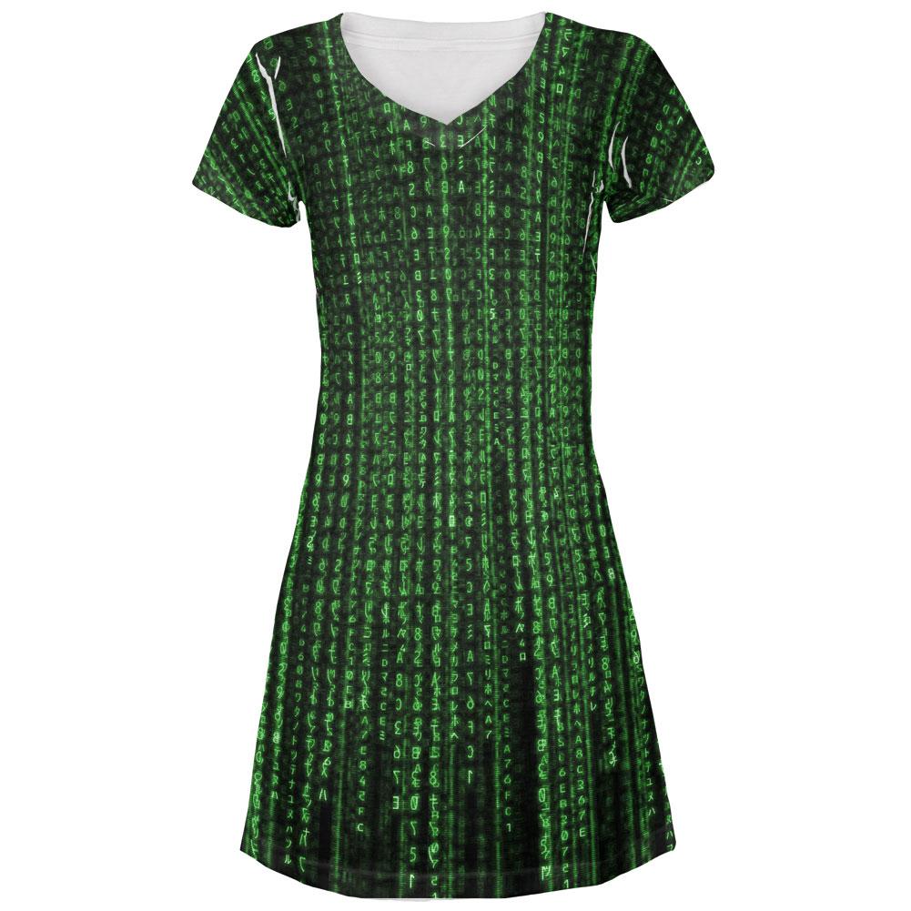 Falling Binary Code Juniors V-Neck Beach Cover-Up Dress Juniors Dresses Old Glory LG Multi 