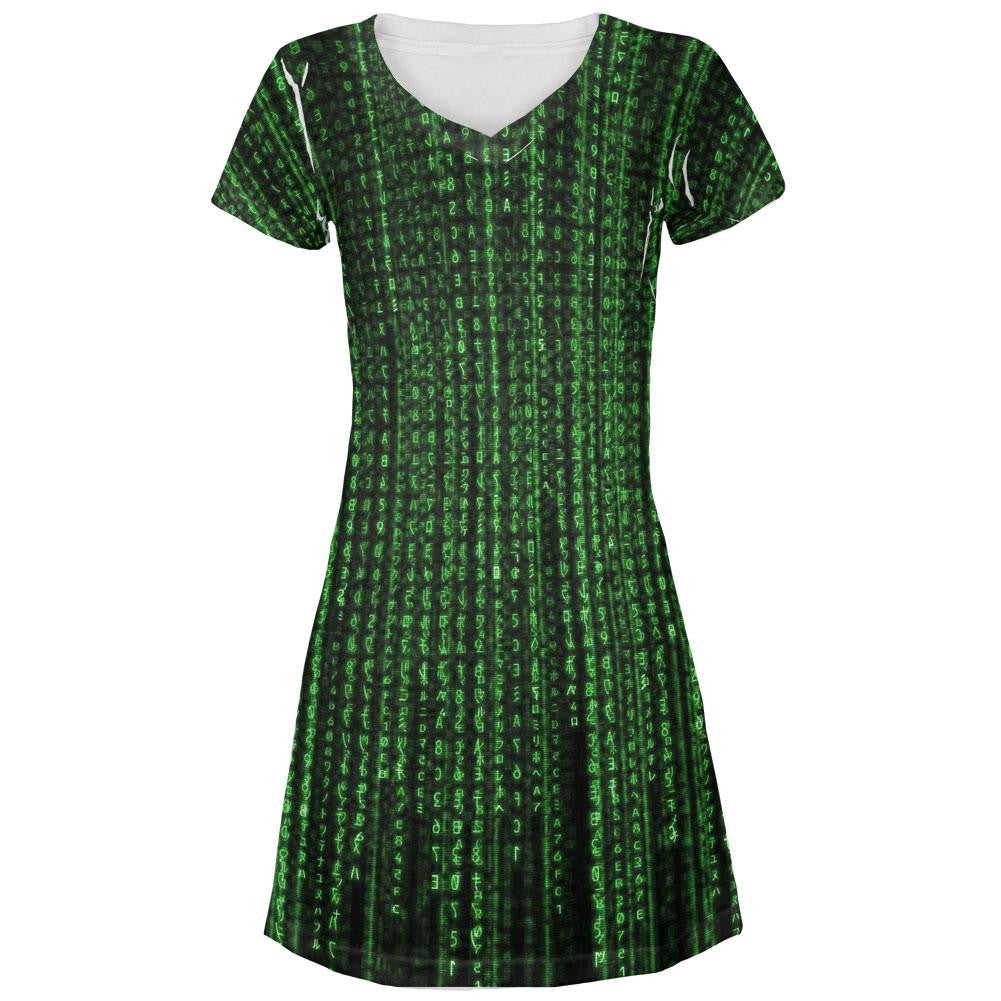 Falling Binary Code All Over Juniors V-Neck Dress Juniors Dresses Old Glory LG Multi 