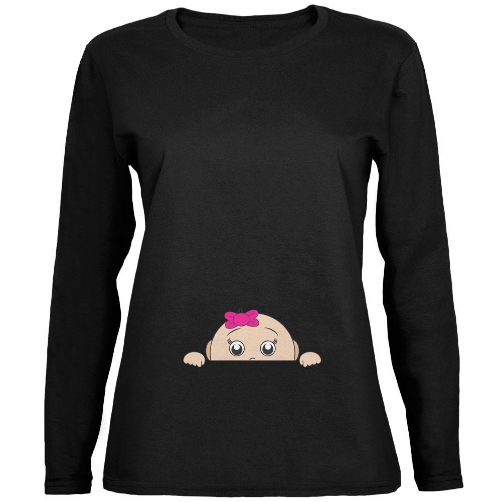 Peeking Baby Girl Black Womens Long Sleeve T-Shirt Women's Long Sleeves Old Glory   