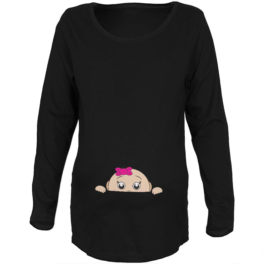 Peeking Baby Girl Black Maternity Soft Long Sleeve T-Shirt Maternity Long Sleeve T-Shirts Old Glory 2XL Black 