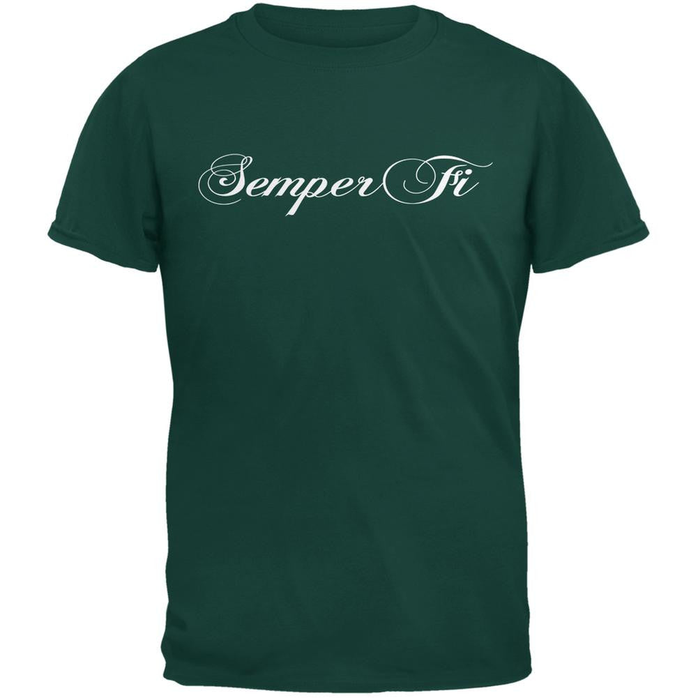 Semper Fi Script Forest Green Adult T-Shirt Men's T-Shirts Old Glory 2XL Green 