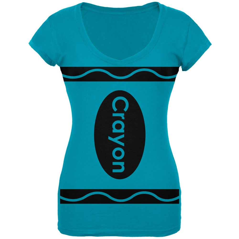 Halloween Crayon Costume Turquoise Juniors V-Neck T-Shirt Juniors V-Neck T-Shirts Old Glory LG Blue 