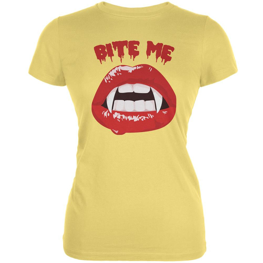 Halloween Vampire Bite Me Yellow Juniors Soft T-Shirt Juniors T-Shirts Old Glory LG Yellow 