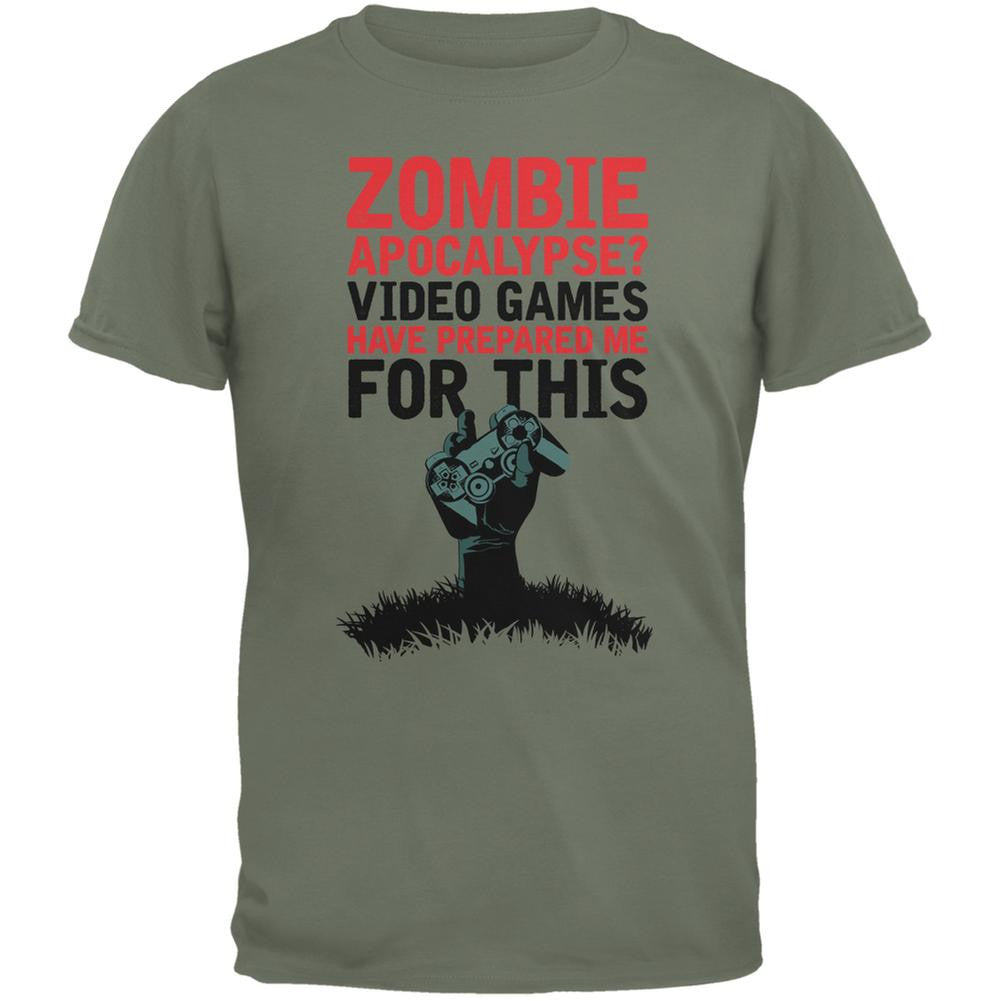 Zombie Apocalypse? Video Games Have Prepared Me Military Green Adult T-Shirt Men's T-Shirts Old Glory 2XL Green 