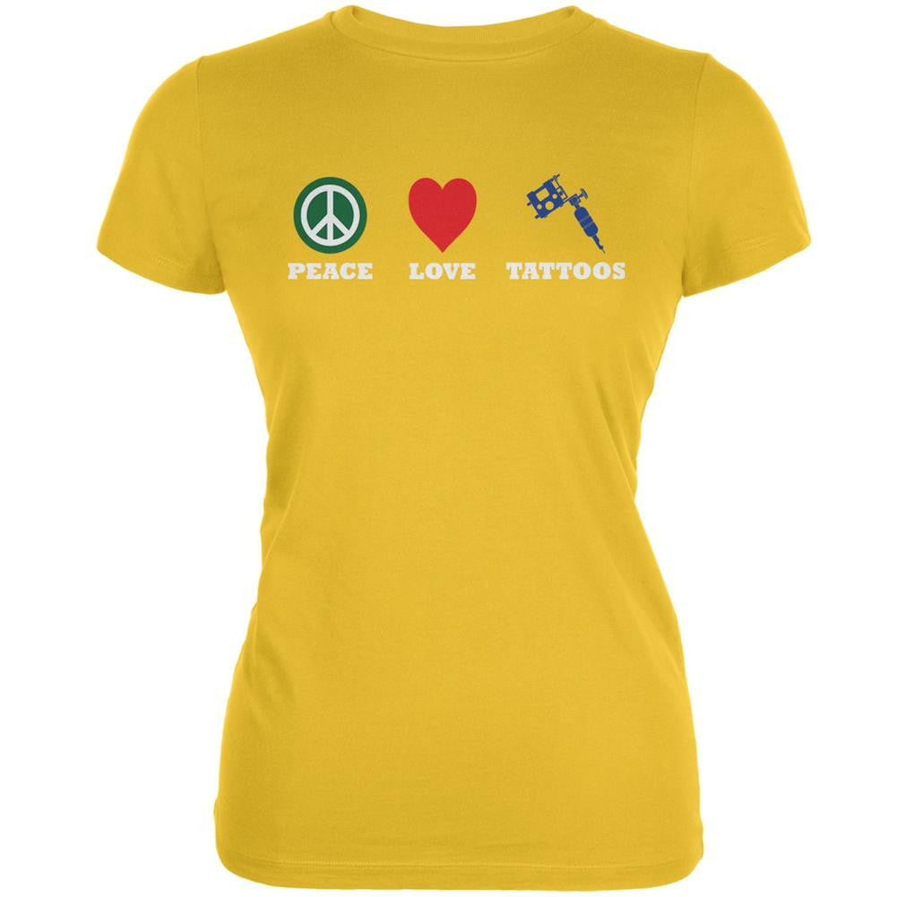 Peace Love Tattoos Bright Yellow Juniors Soft T-Shirt Juniors T-Shirts Old Glory 2XL Yellow 