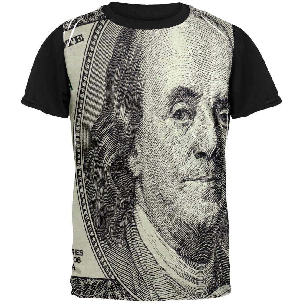 Ben Franklin Hundred Dollar Bill Adult Black Back T-Shirt Men's T-Shirts Old Glory 2XL Multi 