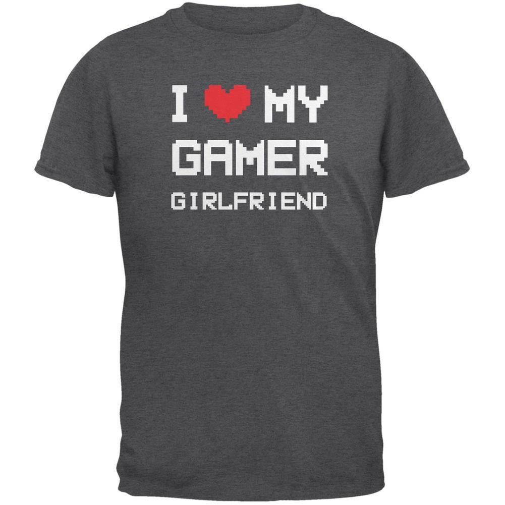 I Heart Love My Gamer Girlfriend Dark Heather Adult T-Shirt Men's T-Shirts Old Glory 2XL Grey 