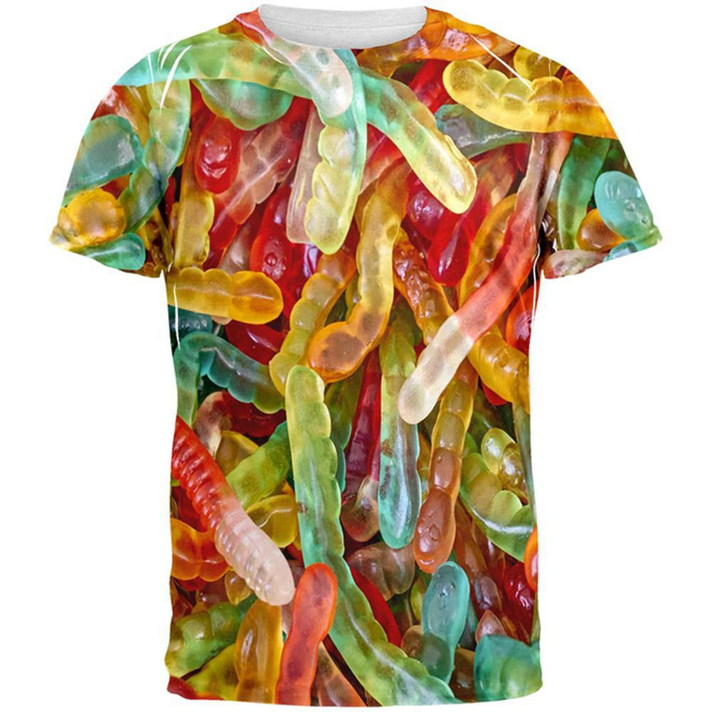 Gummy Worms All Over Adult T-Shirt Men's T-Shirts Old Glory 2XL White 