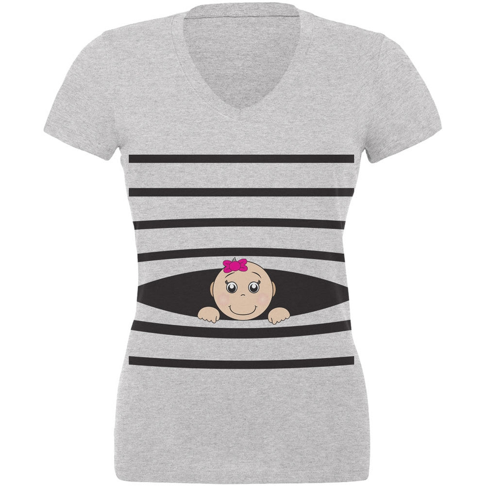 Striped Peeking Baby Girl Heather Juniors V-Neck T-Shirt Juniors V-Neck T-Shirts Old Glory   