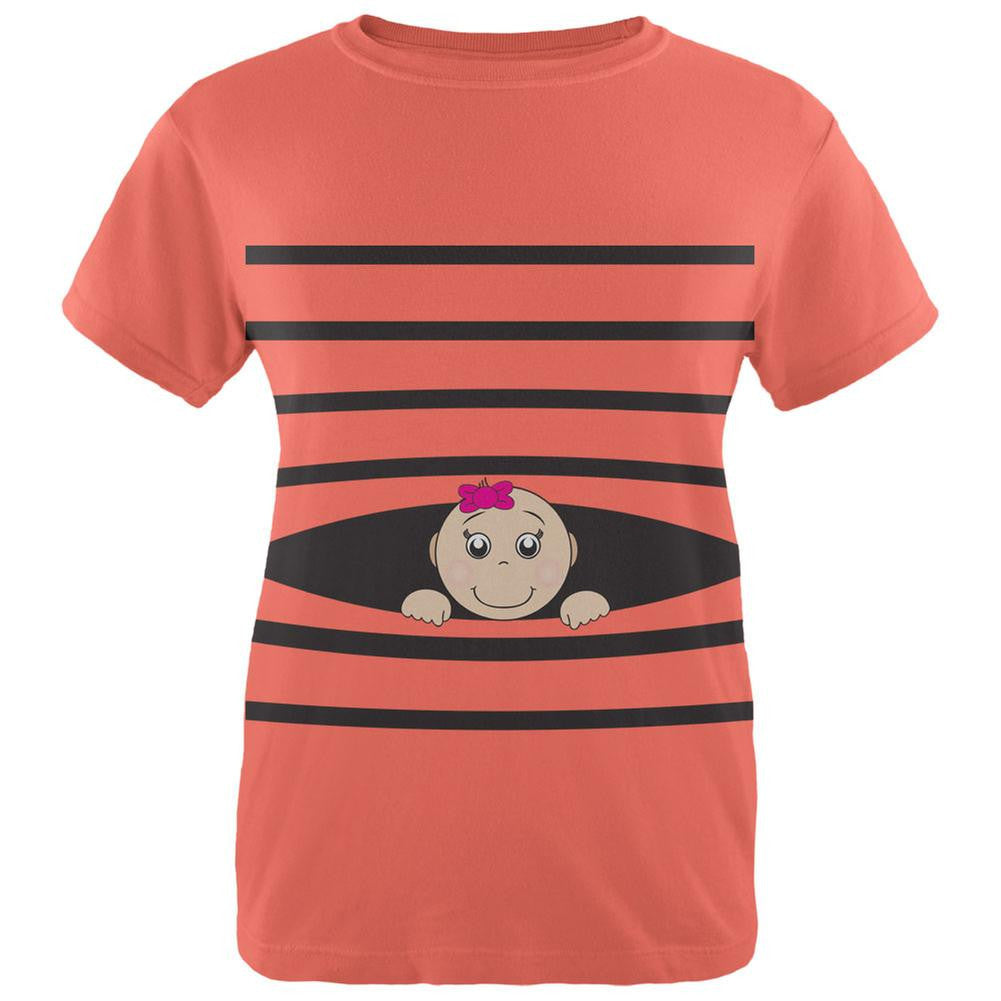 Striped Peeking Baby Girl Salmon Womens T-Shirt Women's T-Shirts Old Glory   