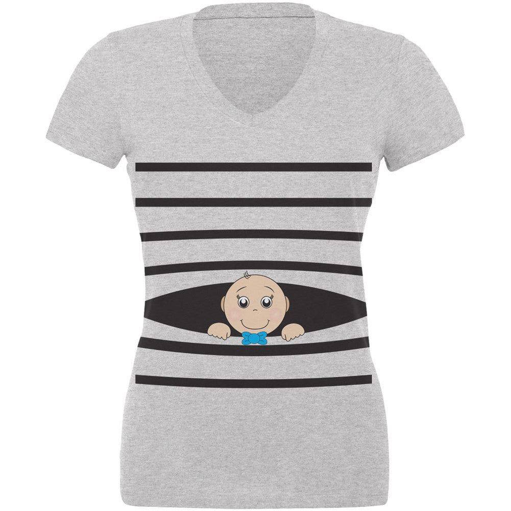 Striped Peeking Baby Boy Heather Juniors V-Neck T-Shirt Juniors V-Neck T-Shirts Old Glory   