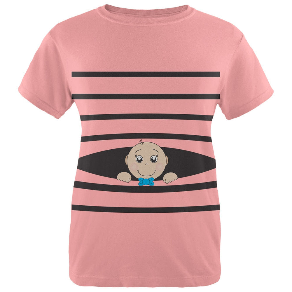 Striped Peeking Baby Boy Pink Womens T-Shirt Women's T-Shirts Old Glory   