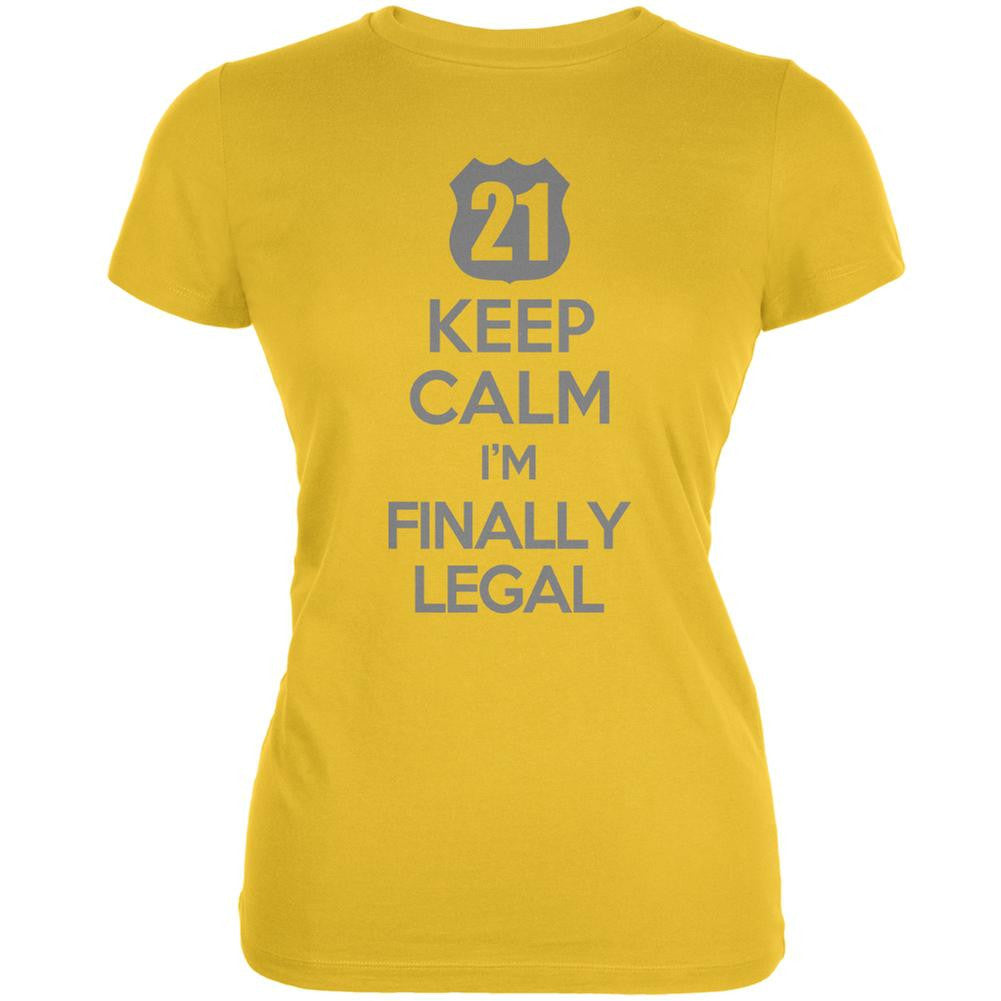 Keep Calm Finally Legal 21st Bright Yellow Juniors Soft T-Shirt Juniors T-Shirts Old Glory 2XL Yellow 