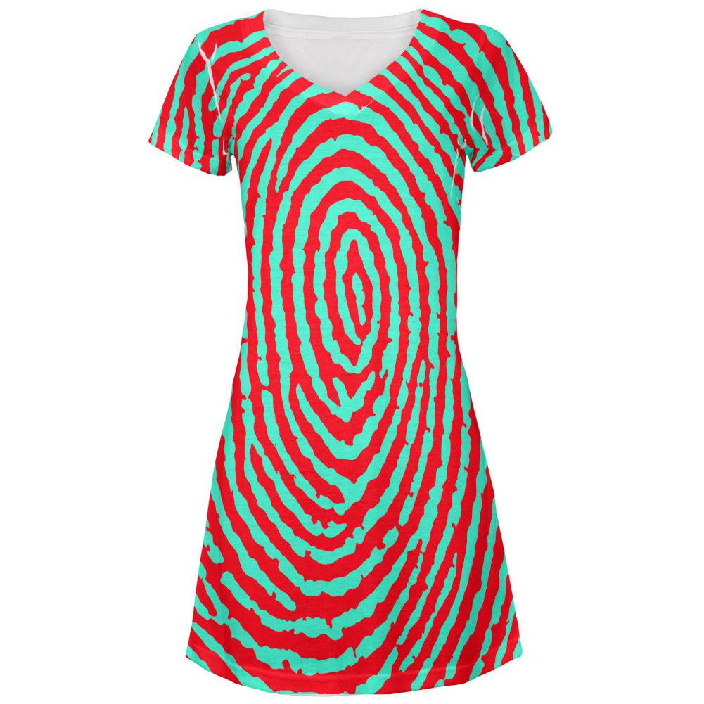 Fingerprint Pattern All Over Juniors V-Neck Dress Juniors Dresses Old Glory LG Multi 