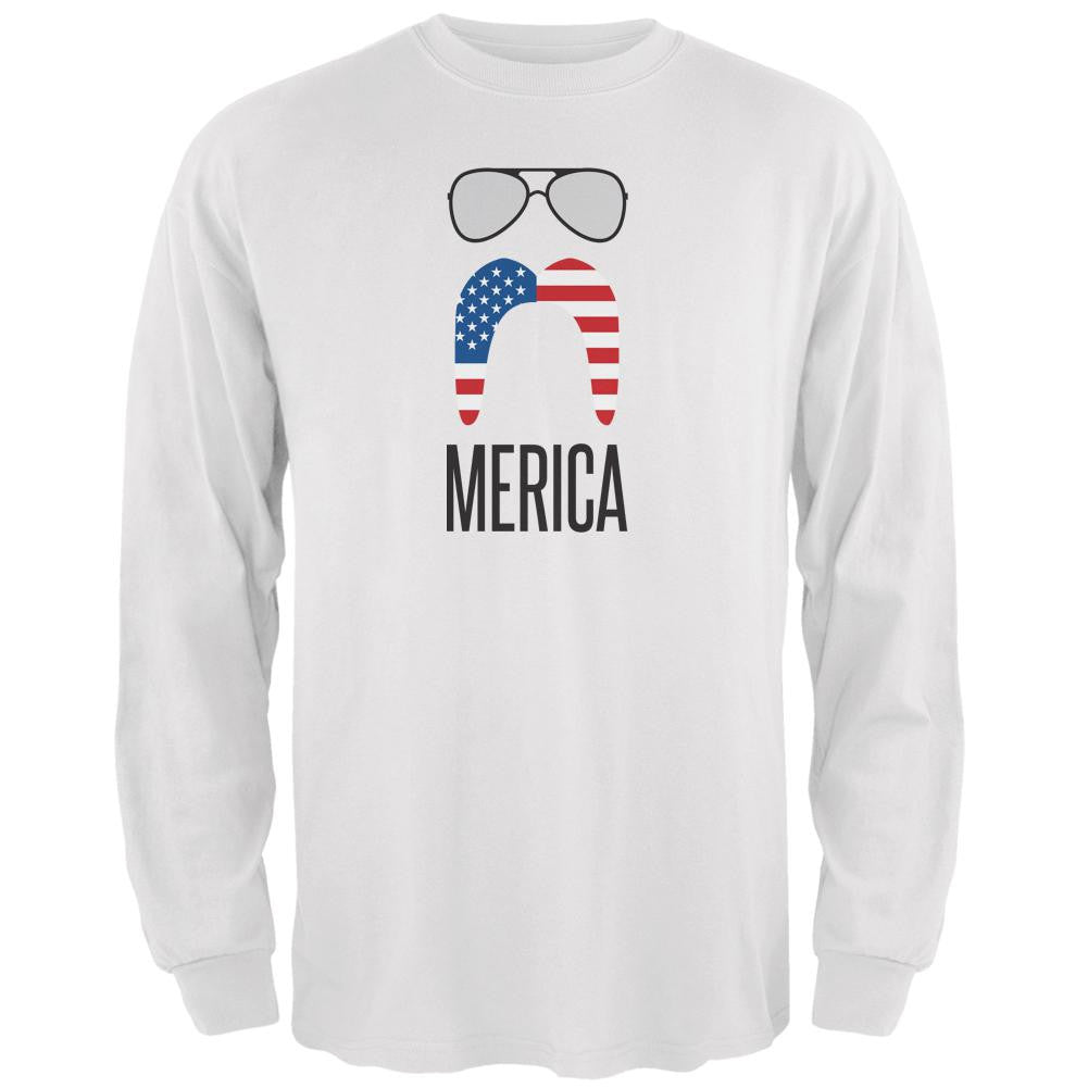 4th of July Merica Sunglasses and Mustache Carolina Blue Adult Long Sleeve T-Shirt Men's Long Sleeves Old Glory 2XL White 