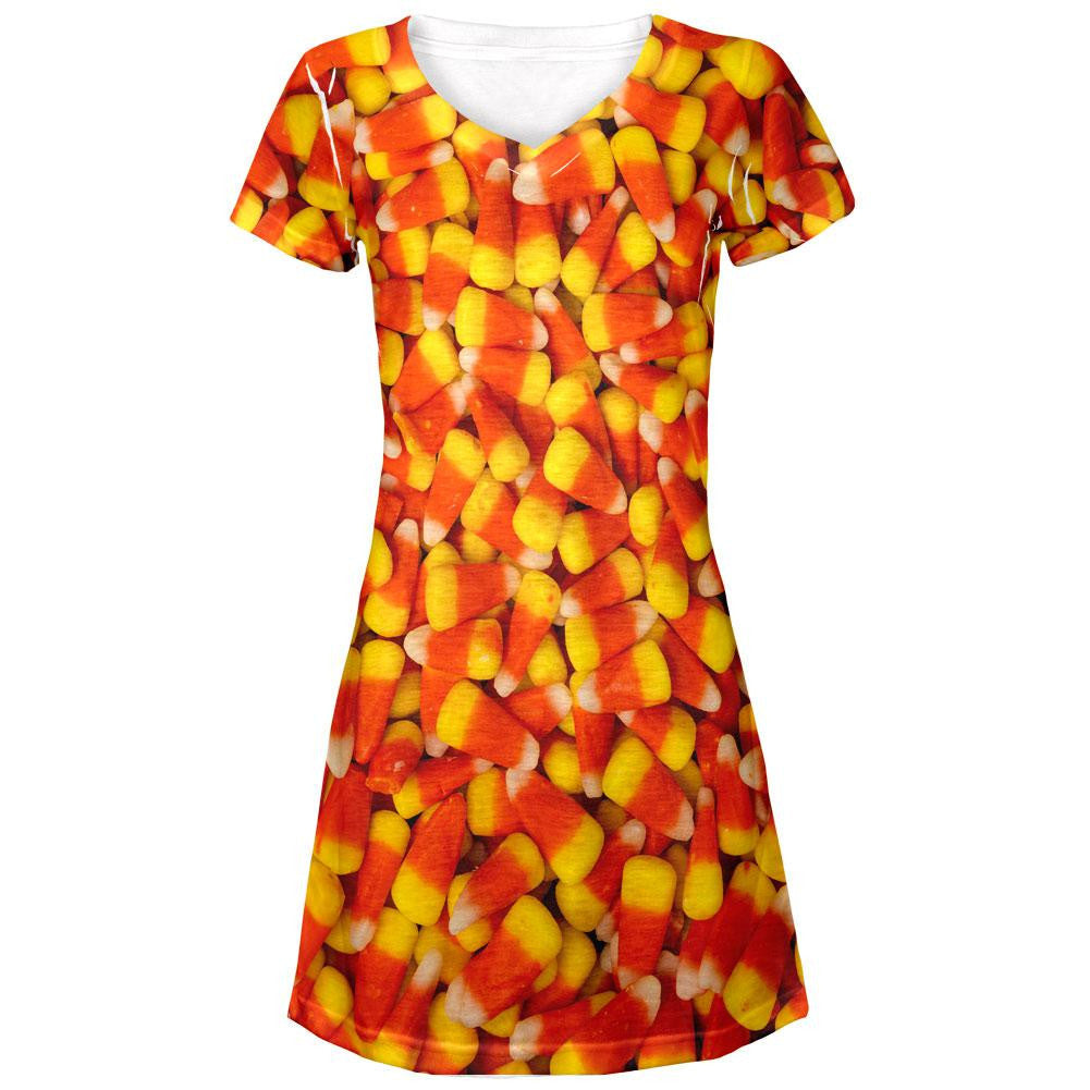 Halloween Candy Corn All Over Juniors V-Neck Dress Juniors Dresses Old Glory LG Multi 