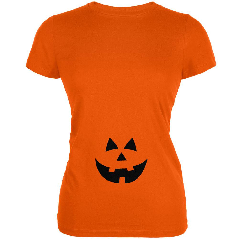 Halloween Belly Jack-O-Lantern Orange Glow Black Juniors Soft T-Shirt ...