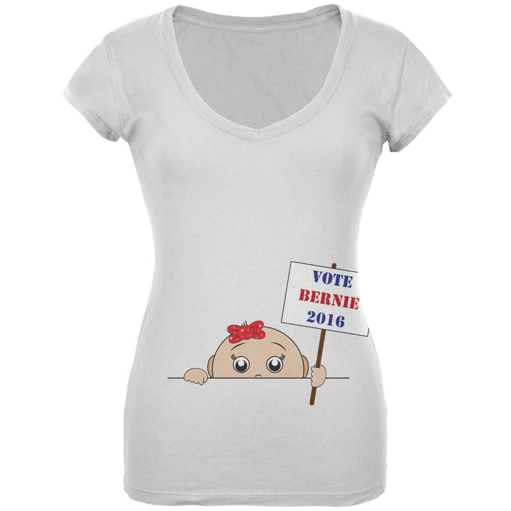 Election 2016 Peeking Baby Girl Bernie Sanders White Juniors V-Neck T-Shirt Juniors V-Neck T-Shirts Old Glory LG White 