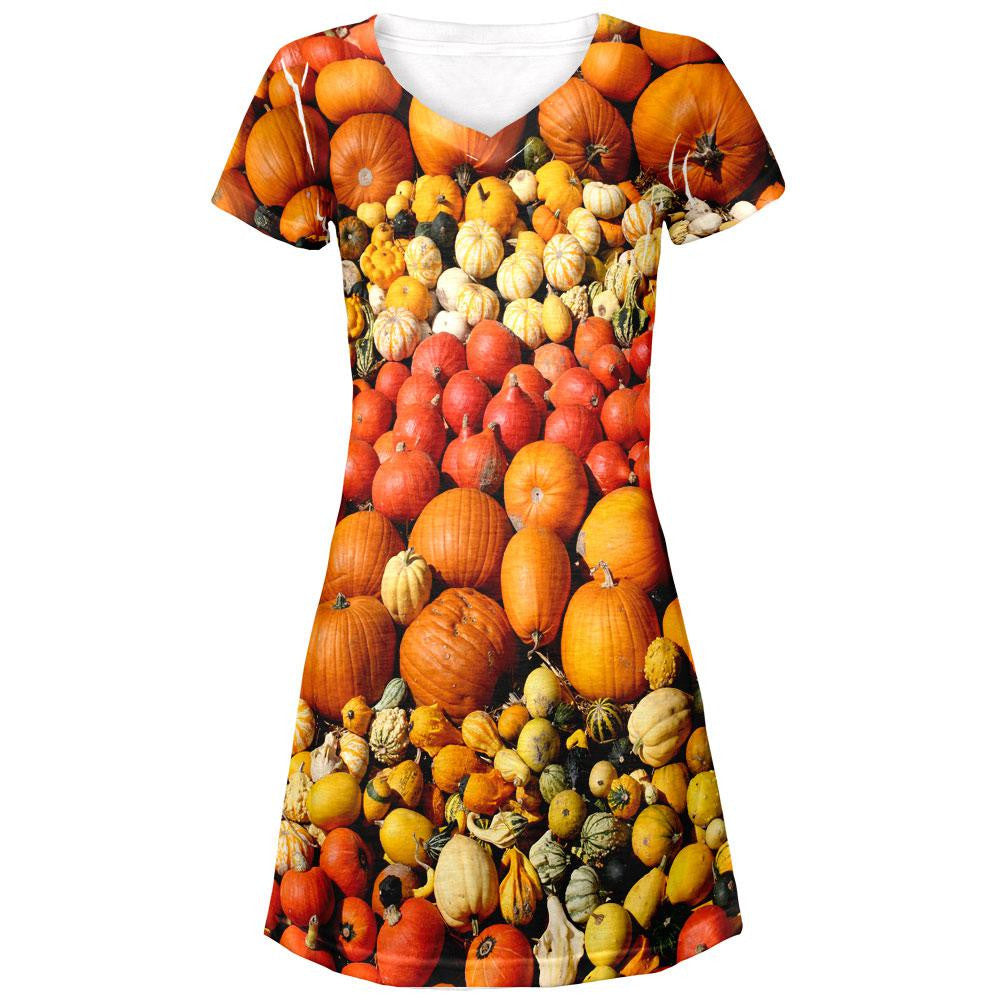 Halloween Rows of Pumpkins All Over Juniors V-Neck Dress Juniors V-Neck T-Shirts Old Glory LG White 