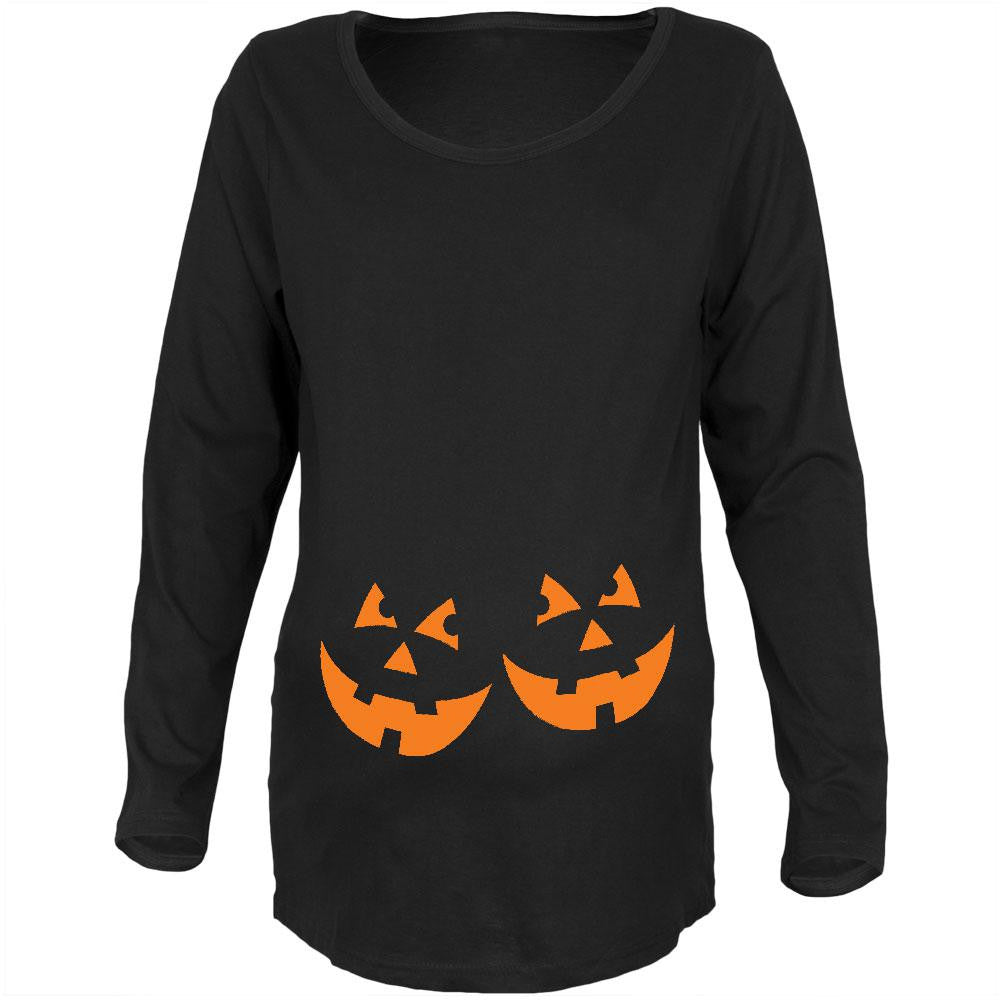 Halloween Twins Jack-O-Lantern Glow Black Maternity Soft Long Sleeve T-Shirt Maternity Long Sleeve T-Shirts Old Glory 2XL Black 