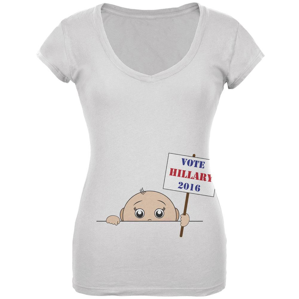 Election 2016 Peeking Baby Boy Hillary Clinton White Juniors V-Neck T-Shirt Juniors V-Neck T-Shirts Old Glory LG White 