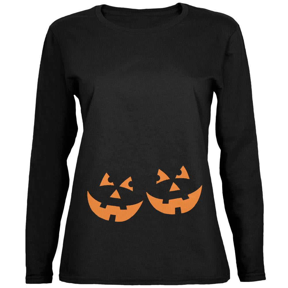 Halloween Twins Jack-O-Lantern Glow Black Womens Long Sleeve T-Shirt Women's Long Sleeves Old Glory 2XL Black 