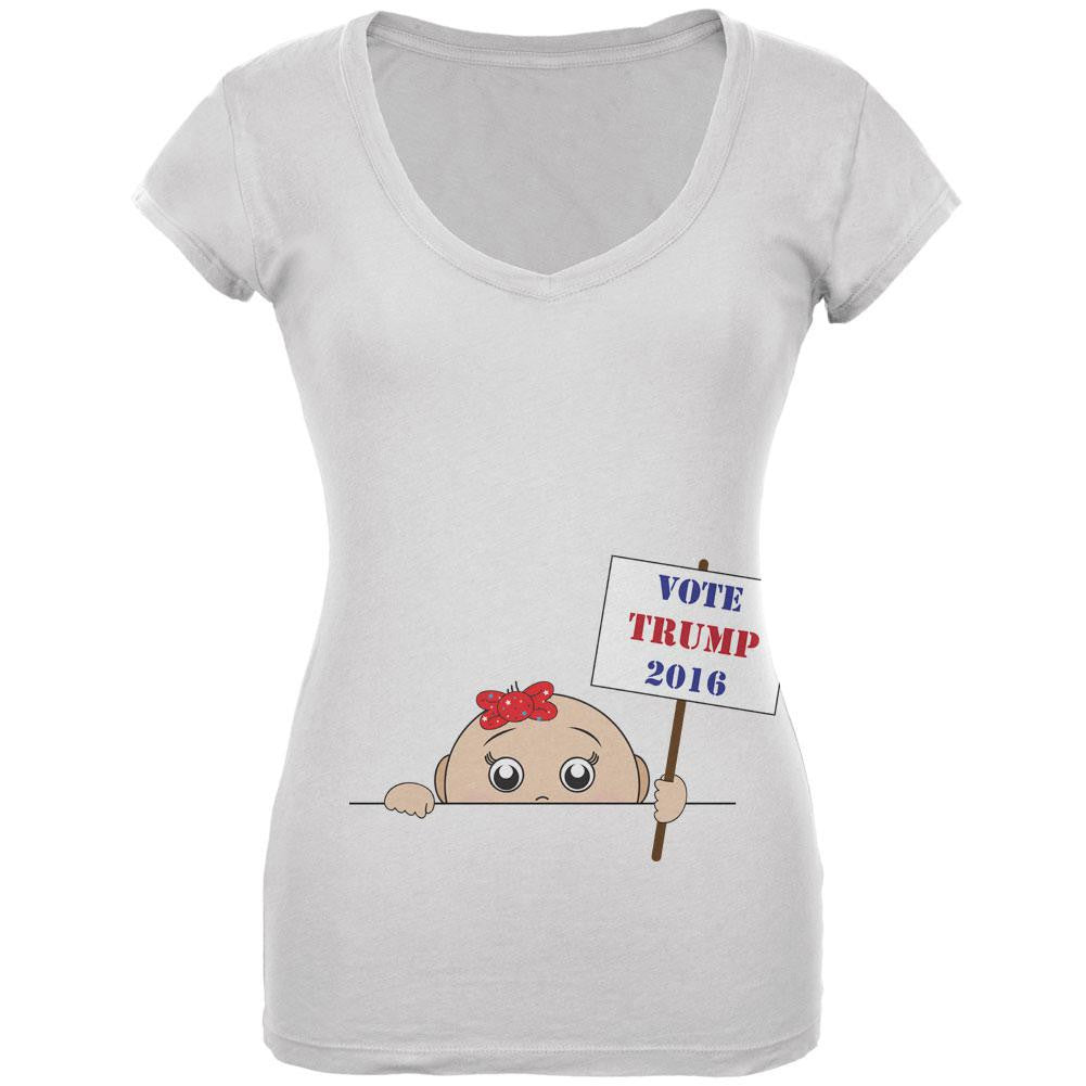 Election 2016 Peeking Baby Girl Donald Trump White Juniors V-Neck T-Shirt Juniors T-Shirts Old Glory LG White 