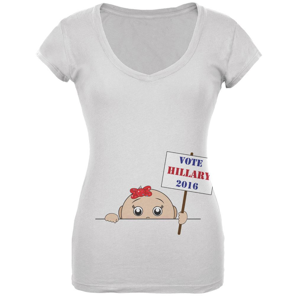 Election 2016 Peeking Baby Girl Hillary Clinton White Juniors V-Neck T-Shirt Juniors T-Shirts Old Glory LG White 