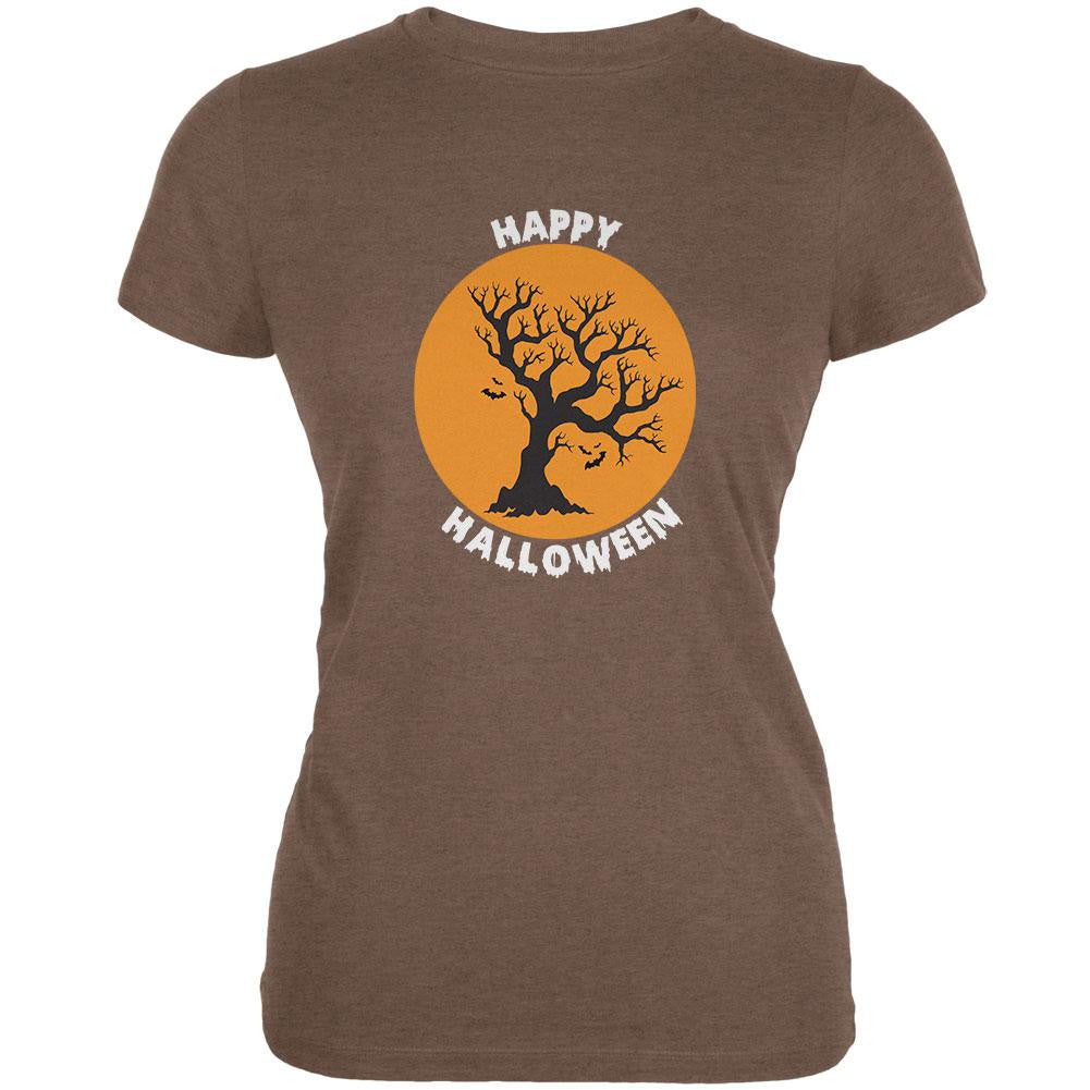 Happy Halloween Tree Silhouette Heather Brown Juniors Soft T-Shirt Juniors T-Shirts Old Glory 2XL Brown 