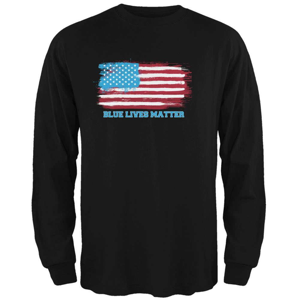 Blue Lives Matter Distressed Flag Black Adult Long Sleeve T-Shirt Men's Long Sleeves Old Glory 2XL Black 