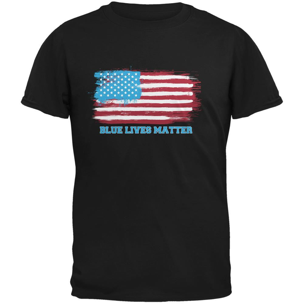 Blue Lives Matter Distressed American Flag Black Adult T-Shirt Men's T-Shirts Old Glory SM Black 