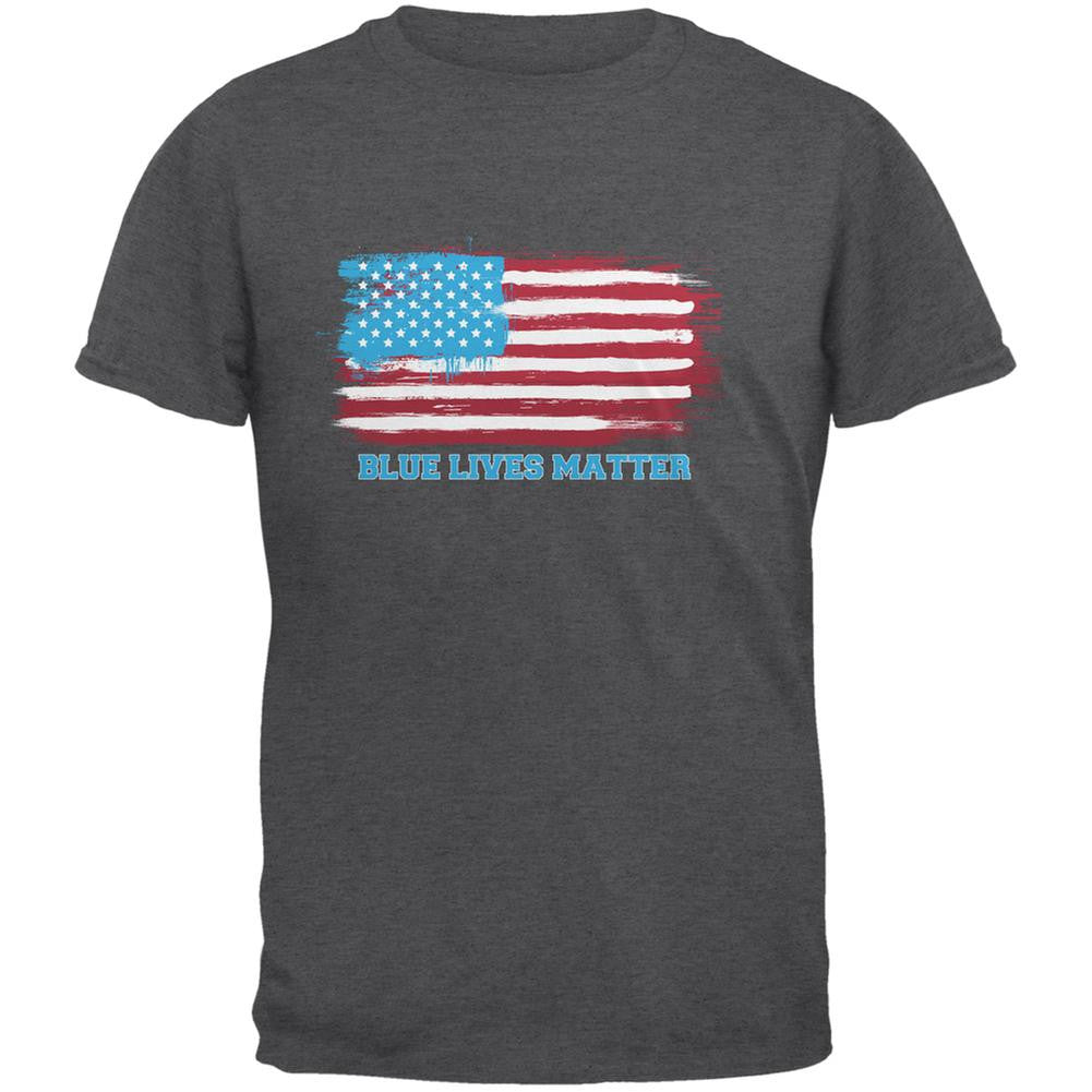 Blue Lives Matter Distressed American Flag Dark Heather Adult T-Shirt Men's T-Shirts Old Glory SM Grey 