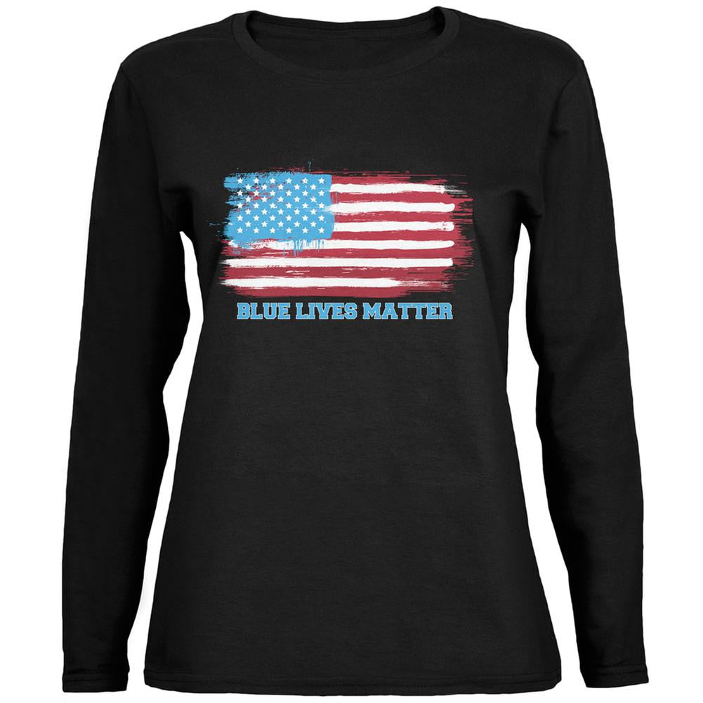 Blue Lives Matter Distressed Flag Black Womens Long Sleeve T-Shirt Women's Long Sleeves Old Glory SM Black 