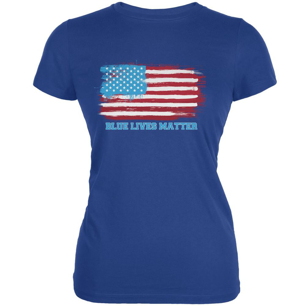 Blue Lives Matter Distressed American Flag Royal Juniors Soft T-Shirt Juniors T-Shirts Old Glory SM Blue 