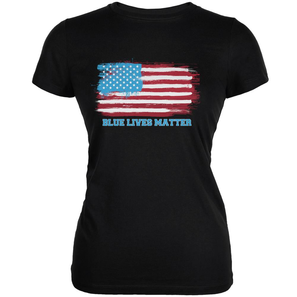 Blue Lives Matter Distressed American Flag Black Juniors Soft T-Shirt Juniors T-Shirts Old Glory SM Black 