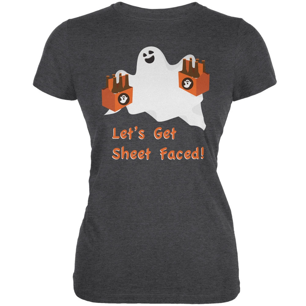 Halloween Ghost Sheet Faced Dark Heather Juniors Soft T-Shirt Juniors T-Shirts Old Glory SM Grey 