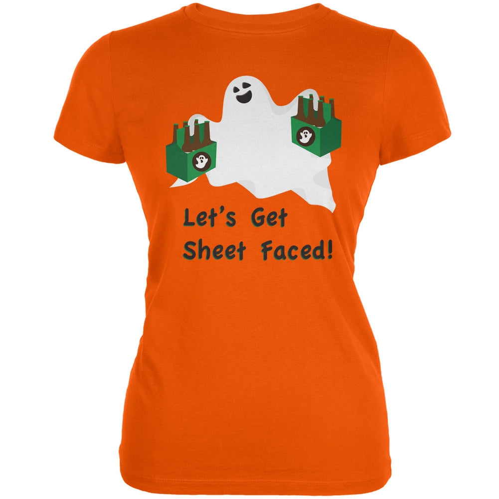 Halloween Ghost Sheet Faced Orange Juniors Soft T-Shirt Juniors T-Shirts Old Glory SM Orange 